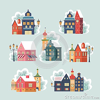 A set of cute snow covered winter houses. Vector illustration. Vector Illustration